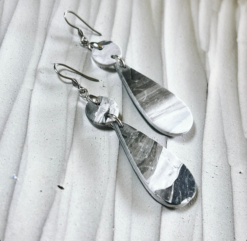 Black and White Marbled Earrings, Stainless Steel Clay Dangles, Boho Jewelry