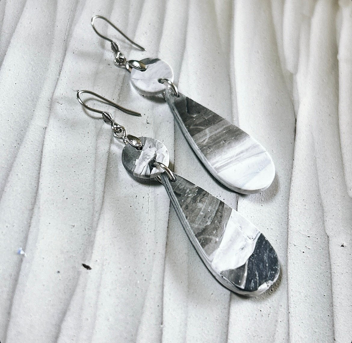 Black and White Marbled Earrings, Stainless Steel Clay Dangles, Boho Jewelry