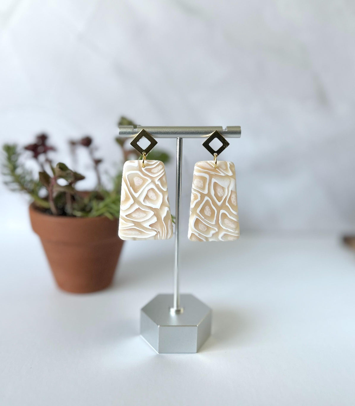 Cream Earrings, Tortoiseshell Dangles, Neutral Handmade Boho Jewelry