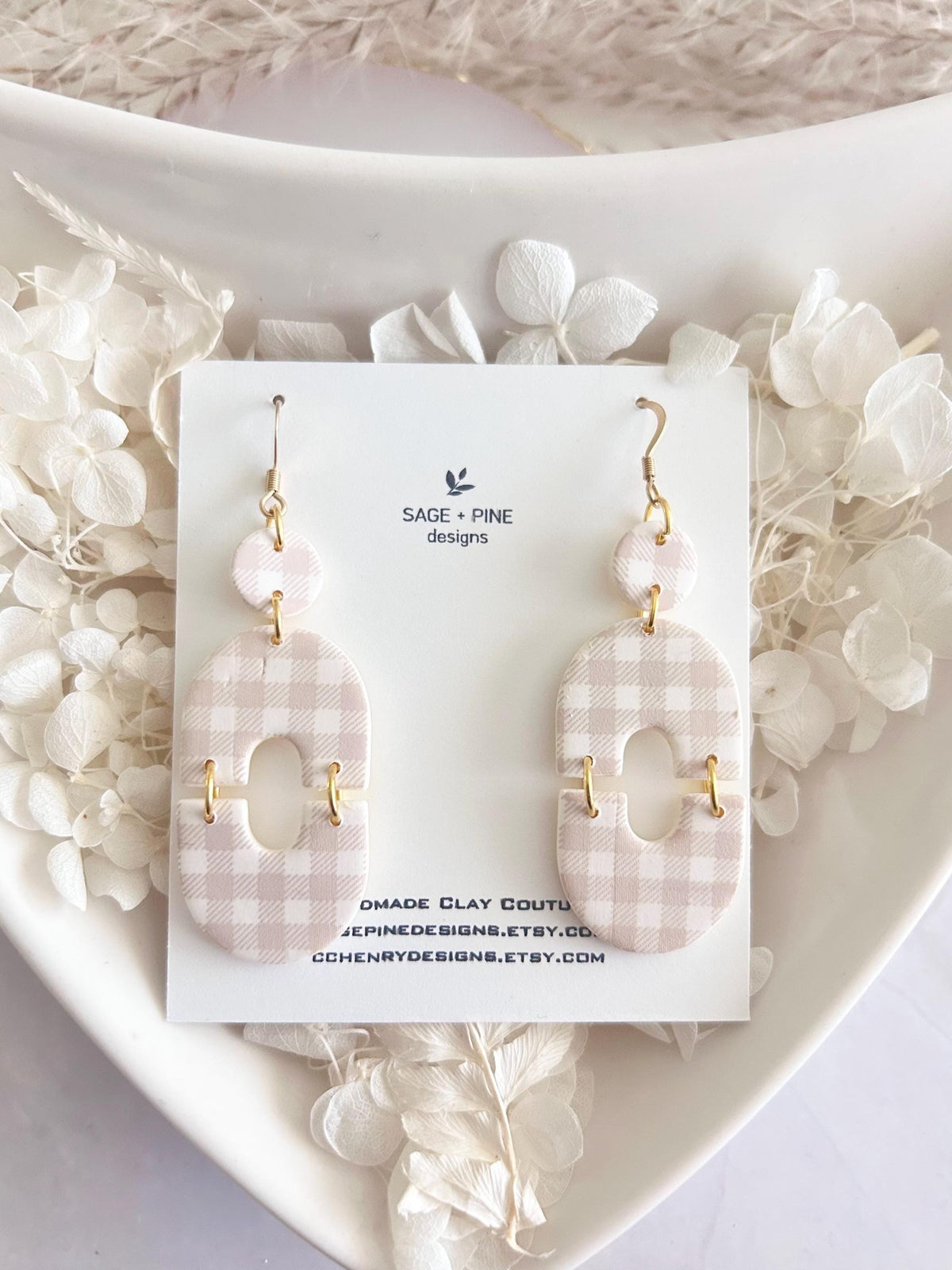 Handmade Gingham Clay Earrings, Boho Beige and White Checkered Dangles