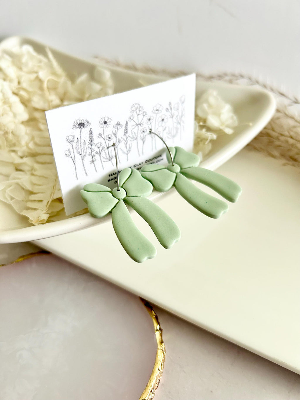 Sage Green Bow Earrings, Fall Statement Hoop Dangles, Boho Clay Handmade Jewelry