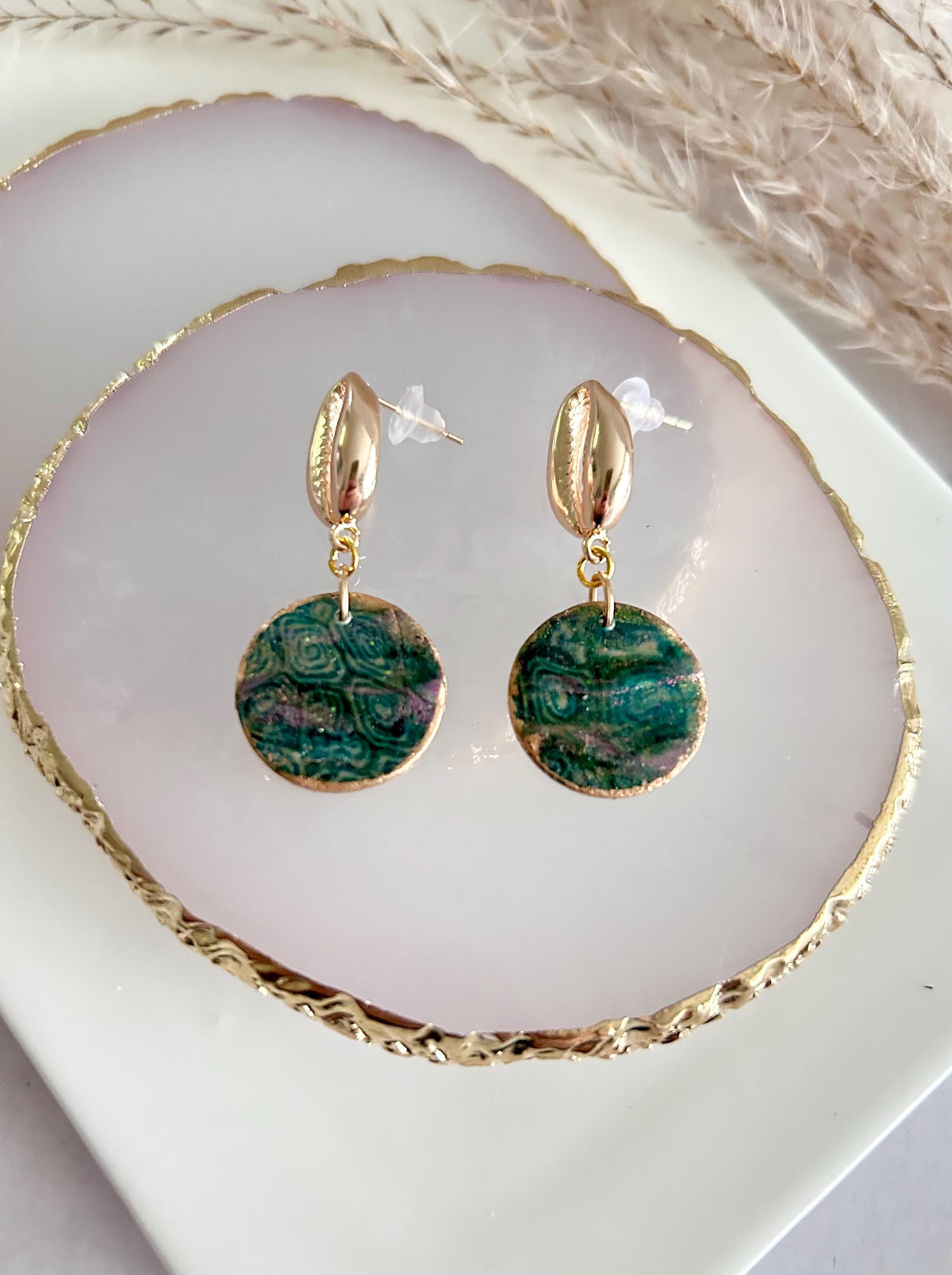 Seashell Cowrie Pearl Earrings, Coastal Vacation Faux Abalone Drop Dangles, Handmade Clay Jewelry