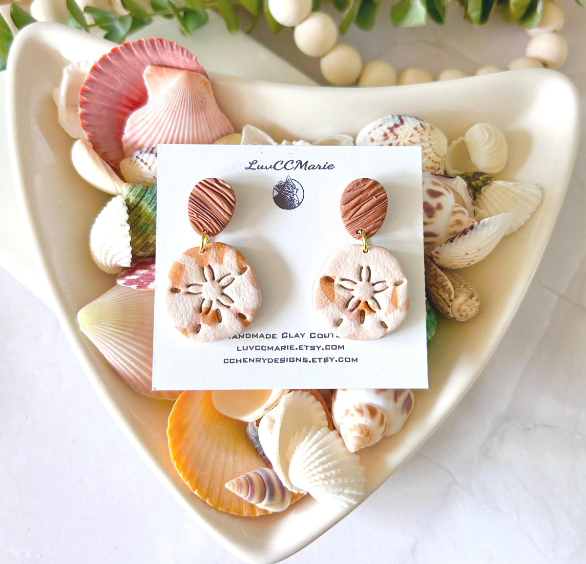 Sand Dollar Beach Earrings, Terracotta White Seashell Dangles, Handmade Clay Coastal Vacation Jewelry Gift