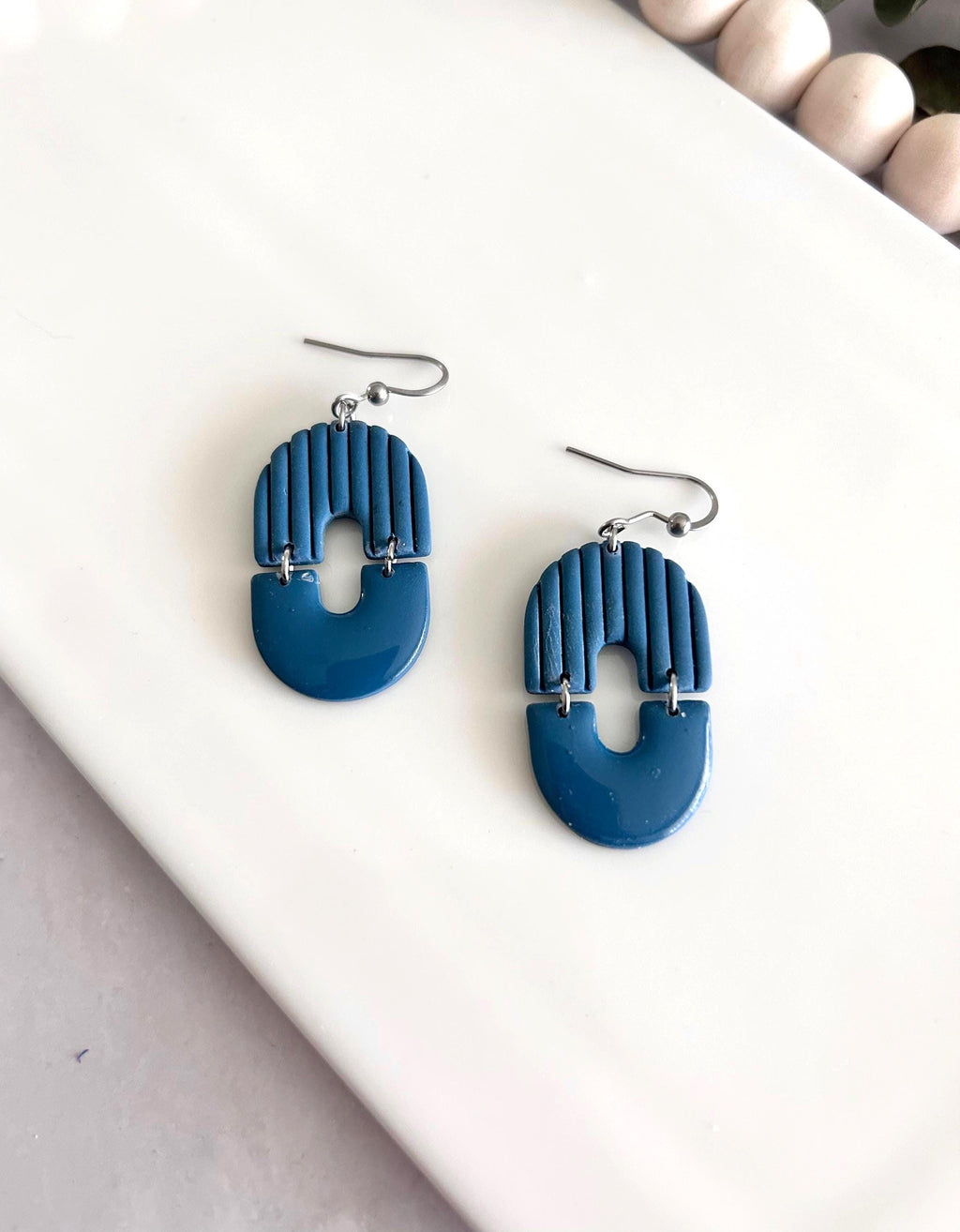 Teal Blue Modern Geometric Stripe Minimal Dangle Earrings, Clay Arch Drop Dangles, Handmade Jewelry