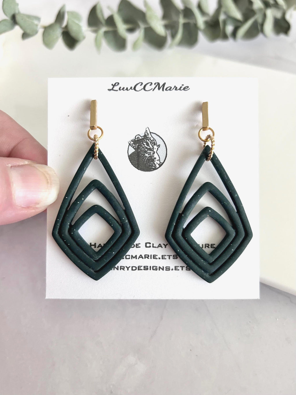 Dark Green Clay Earrings, Forest Dangles, Handmade Jewelry