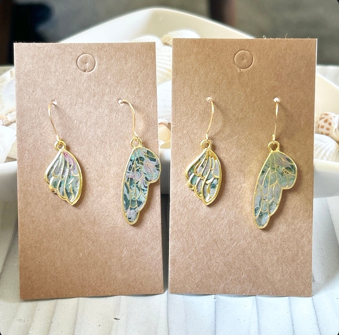 Handmade Clay Wing Earrings, Gold Dangles, Small Lightweight Boho Jewelry