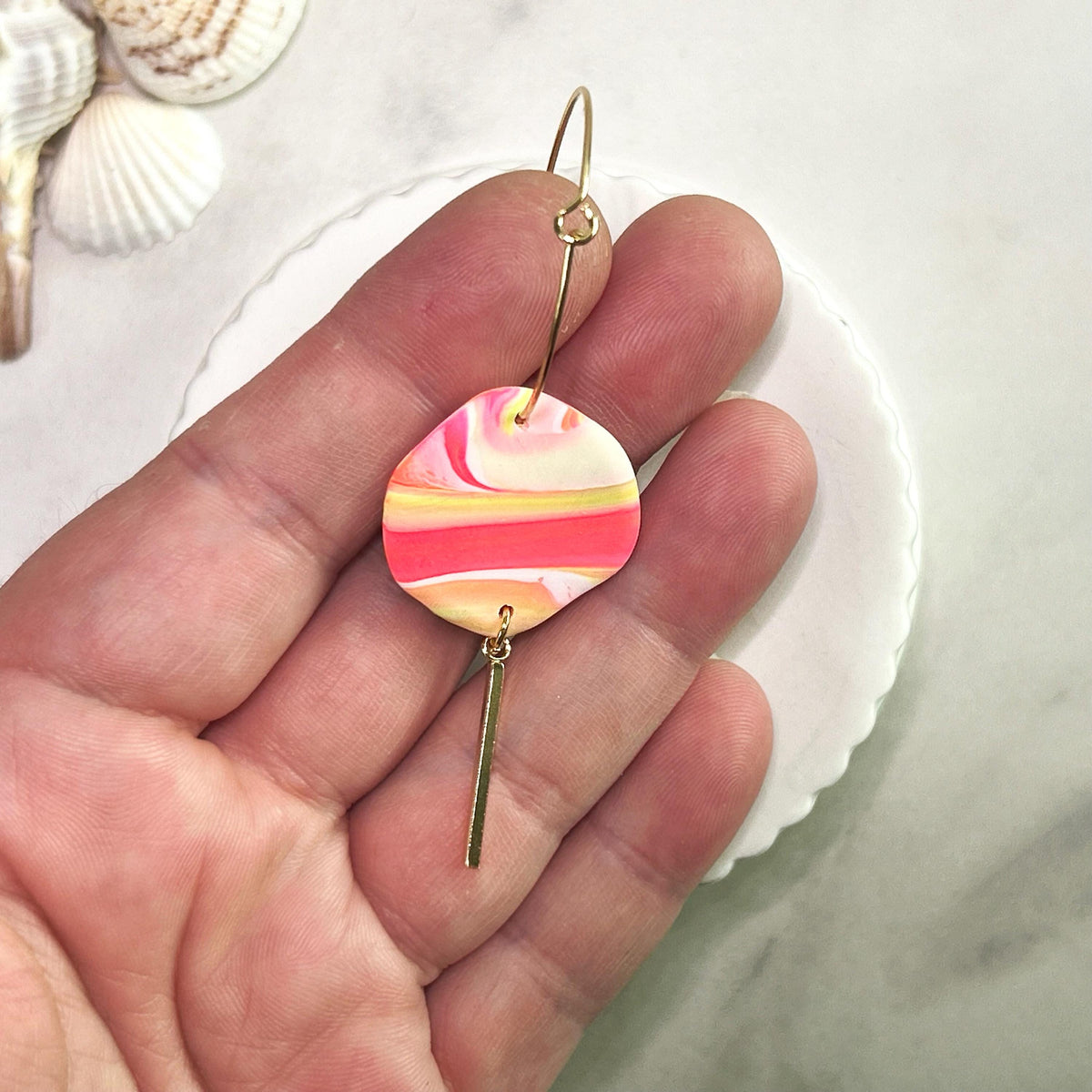 Neon 80s Clay Earrings, Hoop Bar Dangles, Fluorescent Jewelry