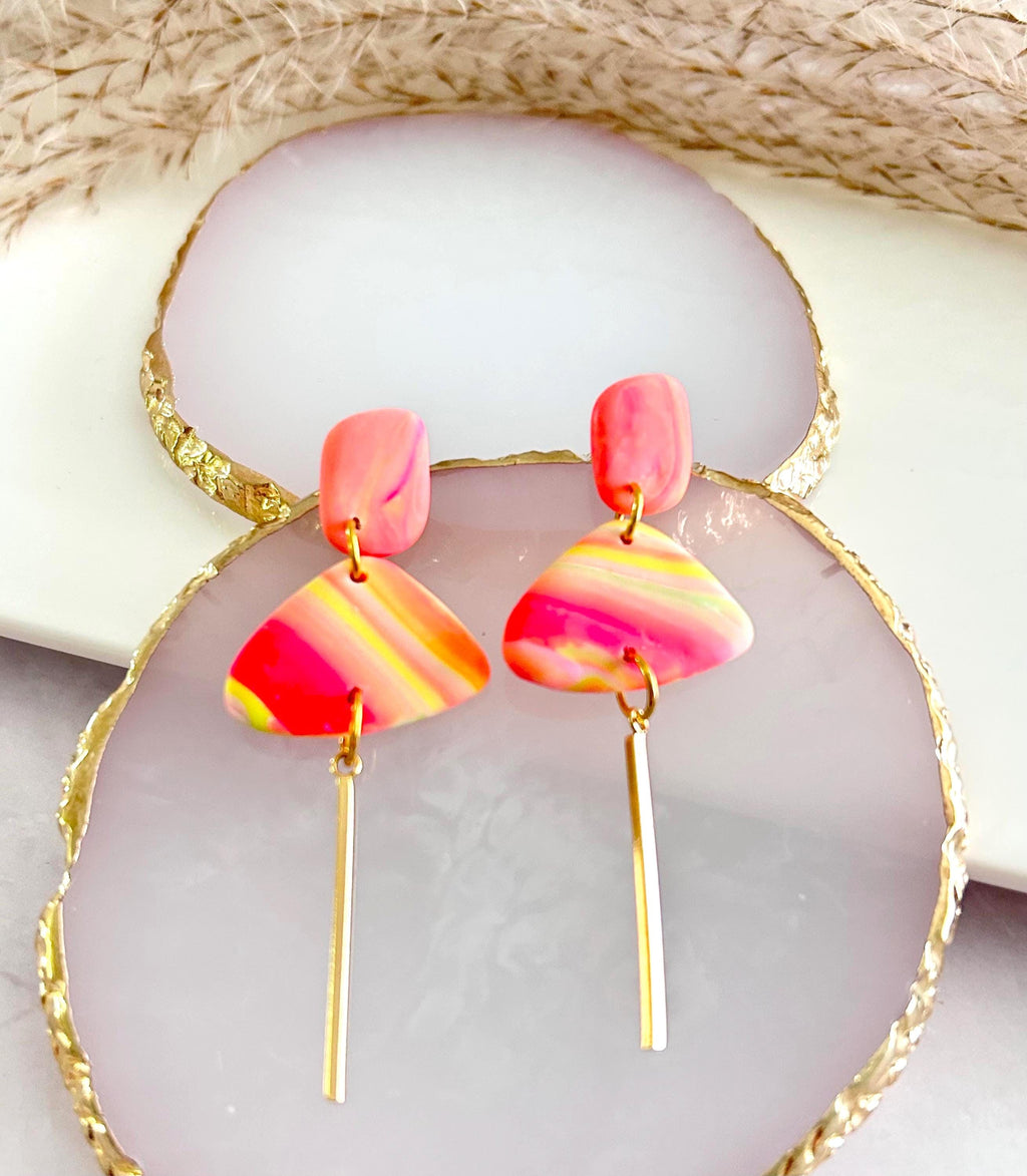 Neon Earrings, Gold Bar Dangles, Hypoallergenic Clay, Lightweight Jewelry