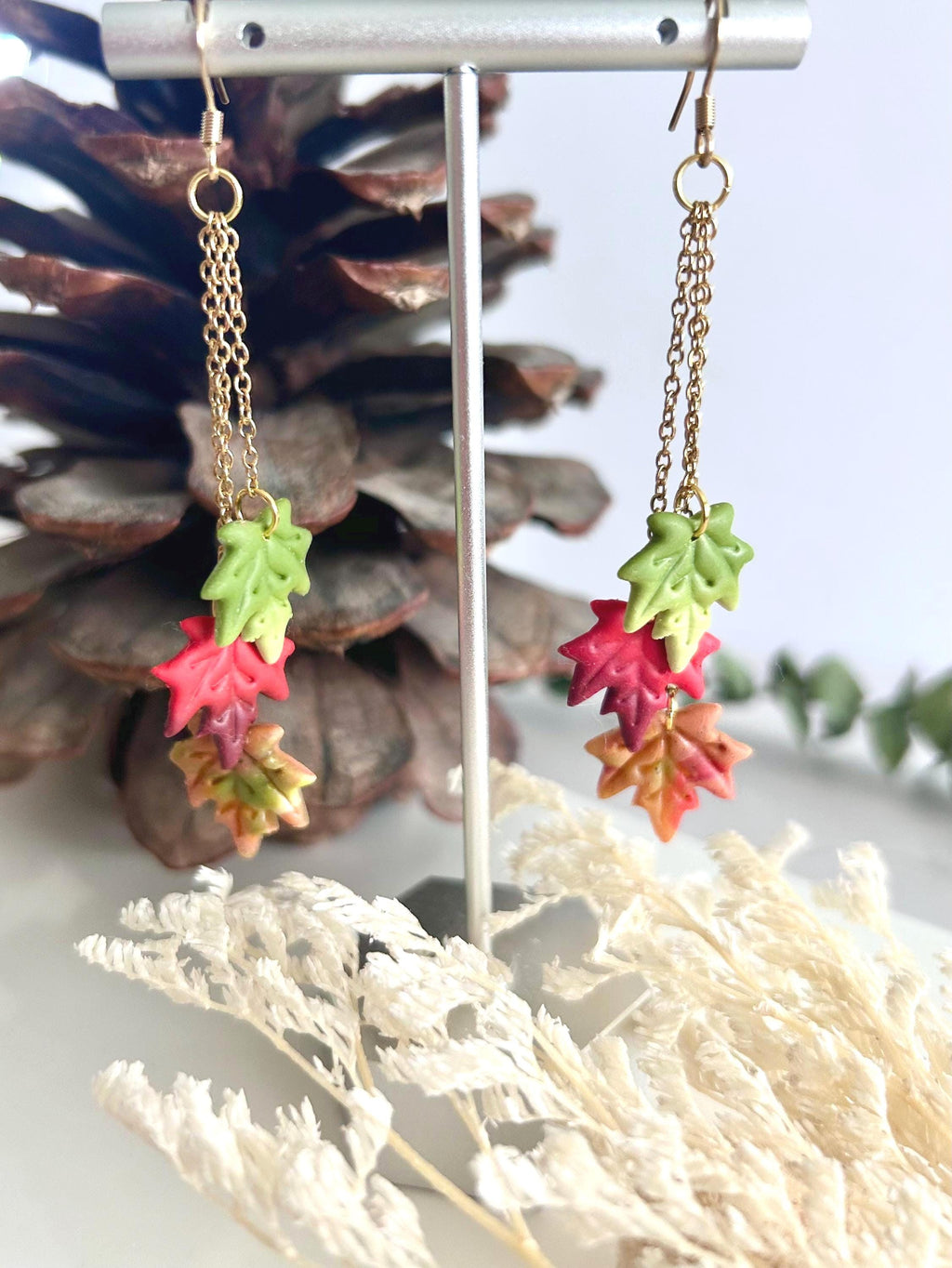 Leaf Earrings, Fall Jewelry, Polymer Clay Ombre Maple Leaves Chain Dangles