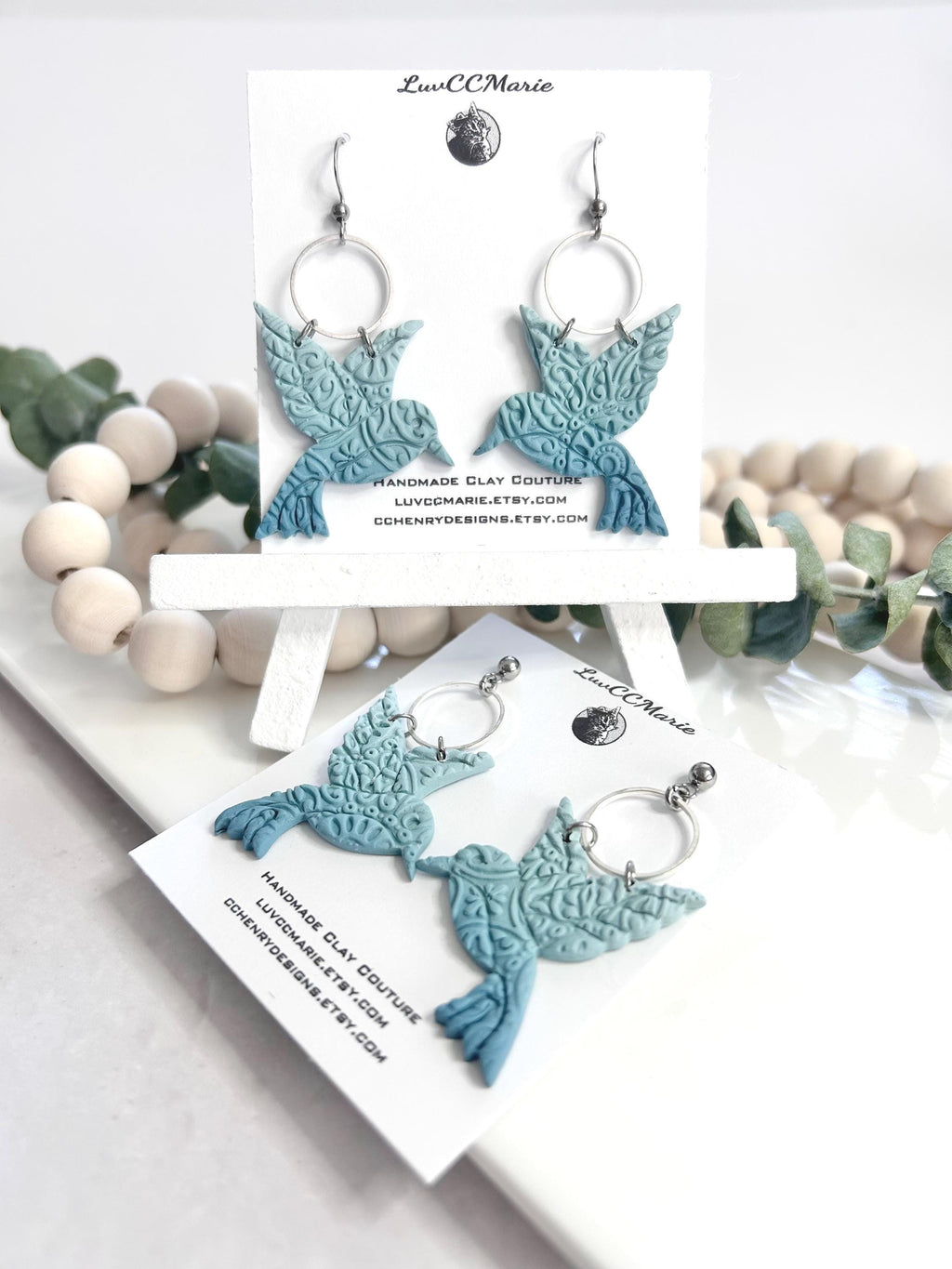 Hummingbird Earrings, Polymer Clay Hoop Dangles, Light Blue Statement Ombre Handmade Boho Jewelry Gift