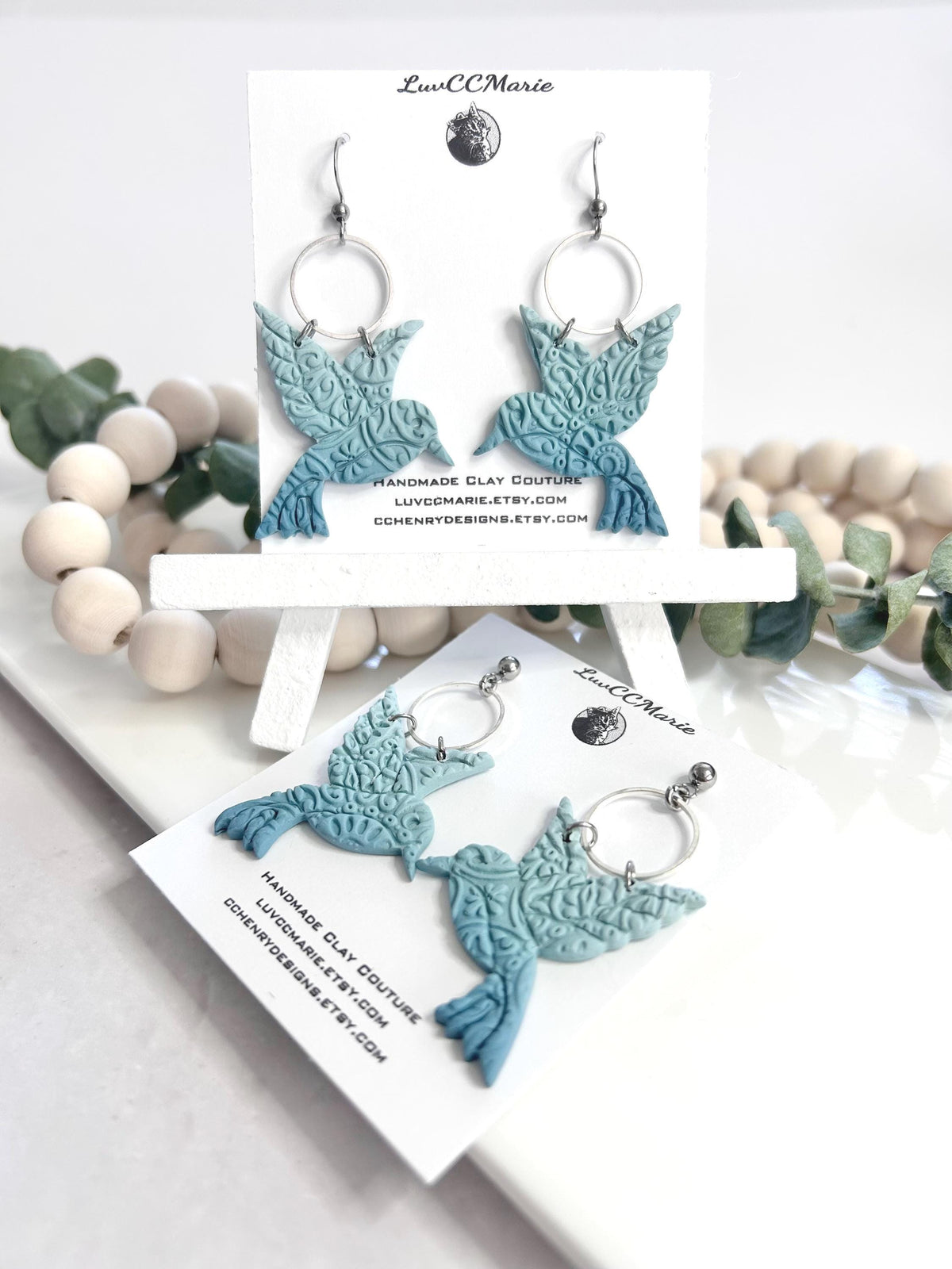 Hummingbird Earrings, Polymer Clay Hoop Dangles, Light Blue Statement Ombre Handmade Boho Jewelry Gift