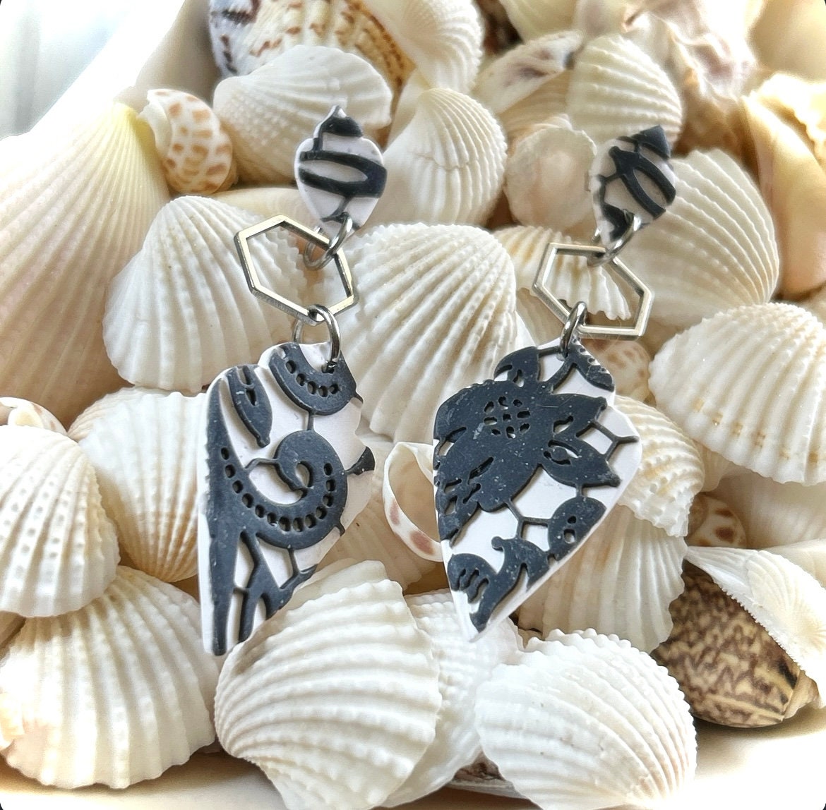 Black and White Boho Earrings, Charcoal Lace Embossed Floral Clay Dangles, Handmade Jewelry