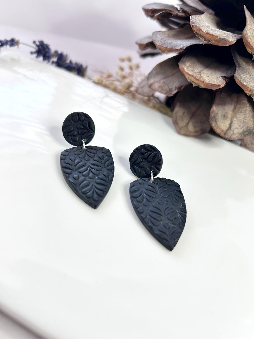 Black Clay Earrings, Geometric Dangles, Stud Dangles, Handmade Polymer Unique Jewelry Gift