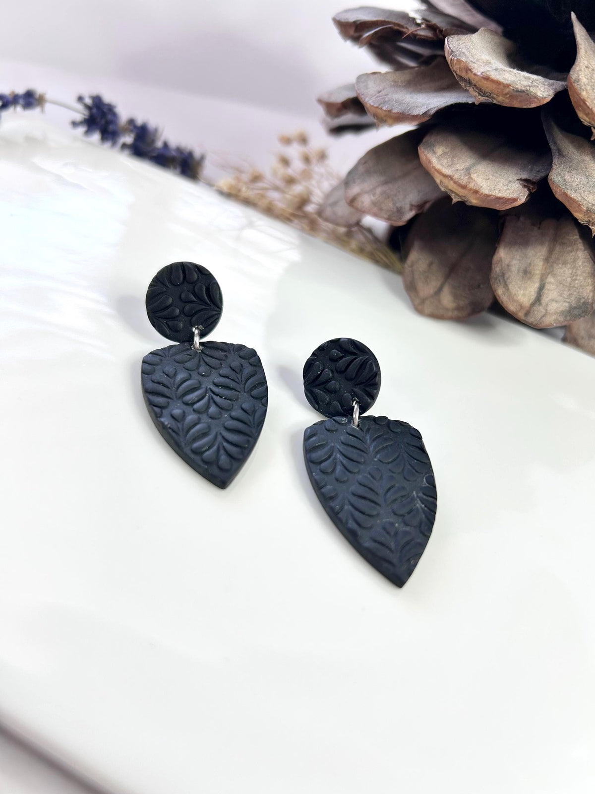 Black Clay Earrings, Geometric Dangles, Stud Dangles, Handmade Polymer Unique Jewelry Gift
