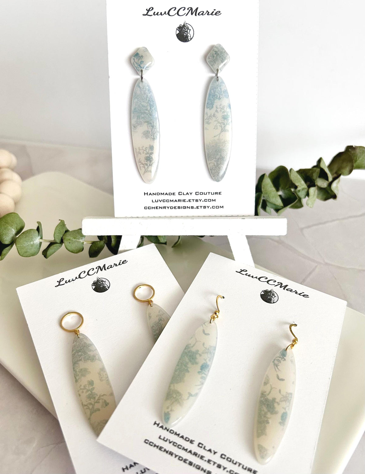 White and Light Blue Floral Earrings, Chinoiserie Dangles, Elegant Bridal Wedding Gift