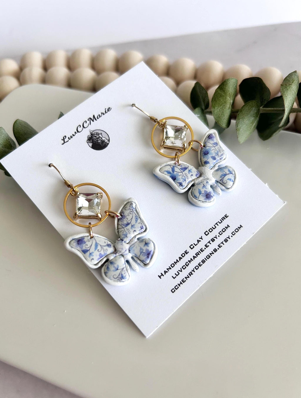 Blue Floral Butterfly Earrings, Chinoiserie Diamond Charm Dangles, Handmade Clay Boho Jewelry