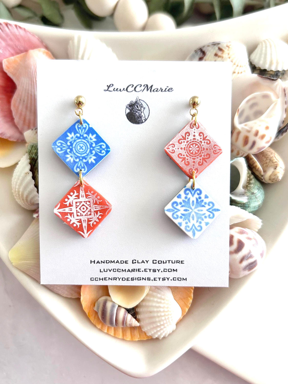 Talavera Clay Tile Earrings, Blue White Coral Dangles, Mexican Terracotta, Mediterranean Jewelry