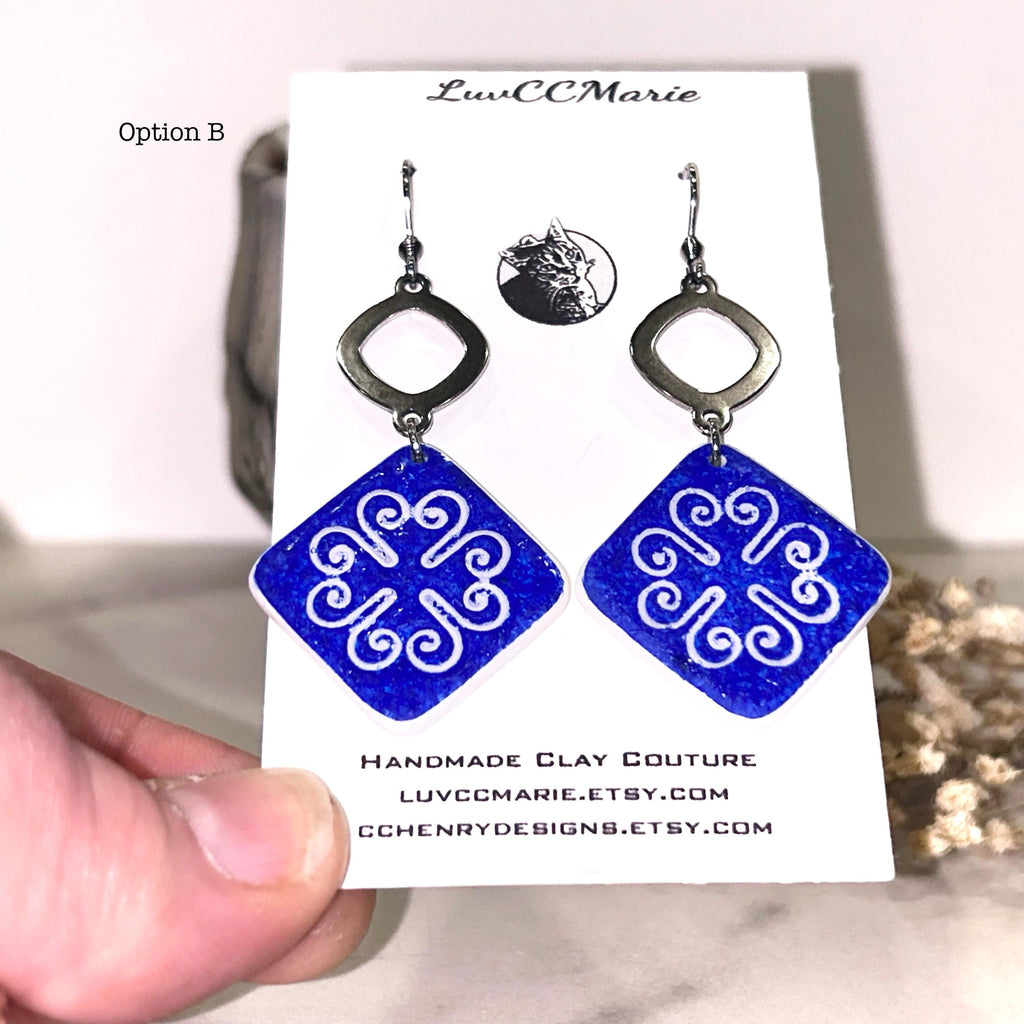 Square Cobalt Tile Talavera Earrings, Santorini Delft Blue Dangles, Handmade Boho Clay Jewelry