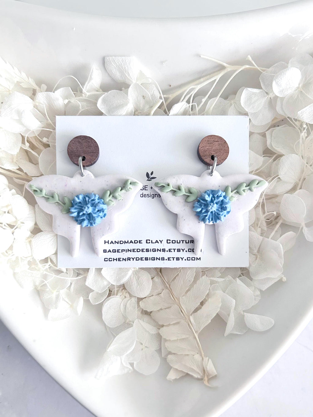 Handmade Clay Moth Earrings, Light Blue and White Floral Dangles, Pastel Wings, Wood Polymer