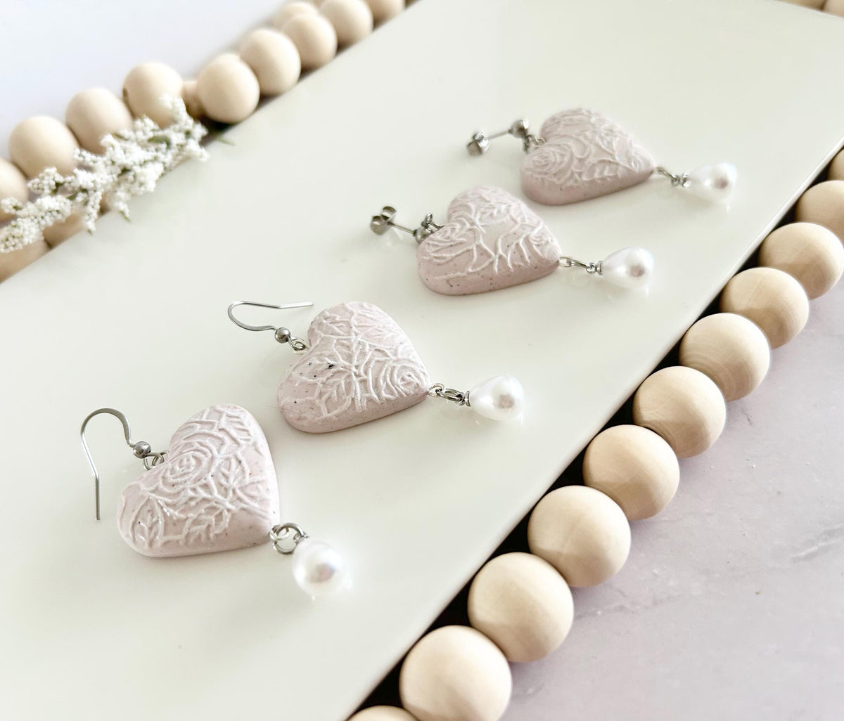 Blush Pink Wedding Earrings, White Pearl Bridal Dangles, Handmade Jewelry Gift For Bride