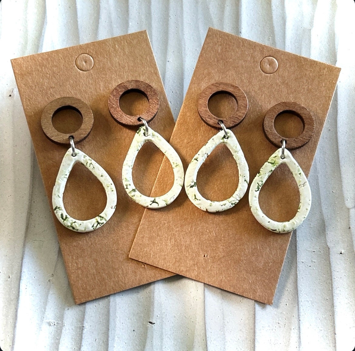 Moss Earrings, Green and White Teardrop Dangles, Clay and Wood Handmade Jewelry