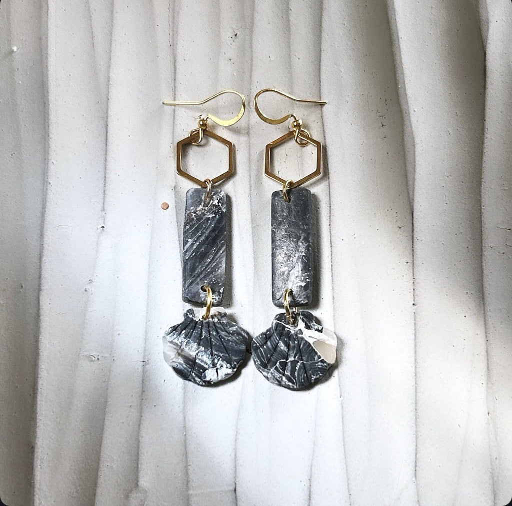 Seashell Earrings, Black and Gold Long Dangles, Coastal Beach Vacation Clay Jewelry Wedding Gift