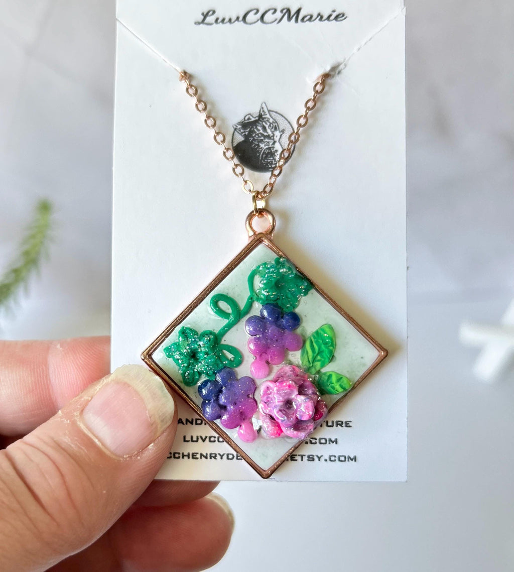 Handmade Polymer Clay Grapes & Rose Pendant Necklace, Rose Gold