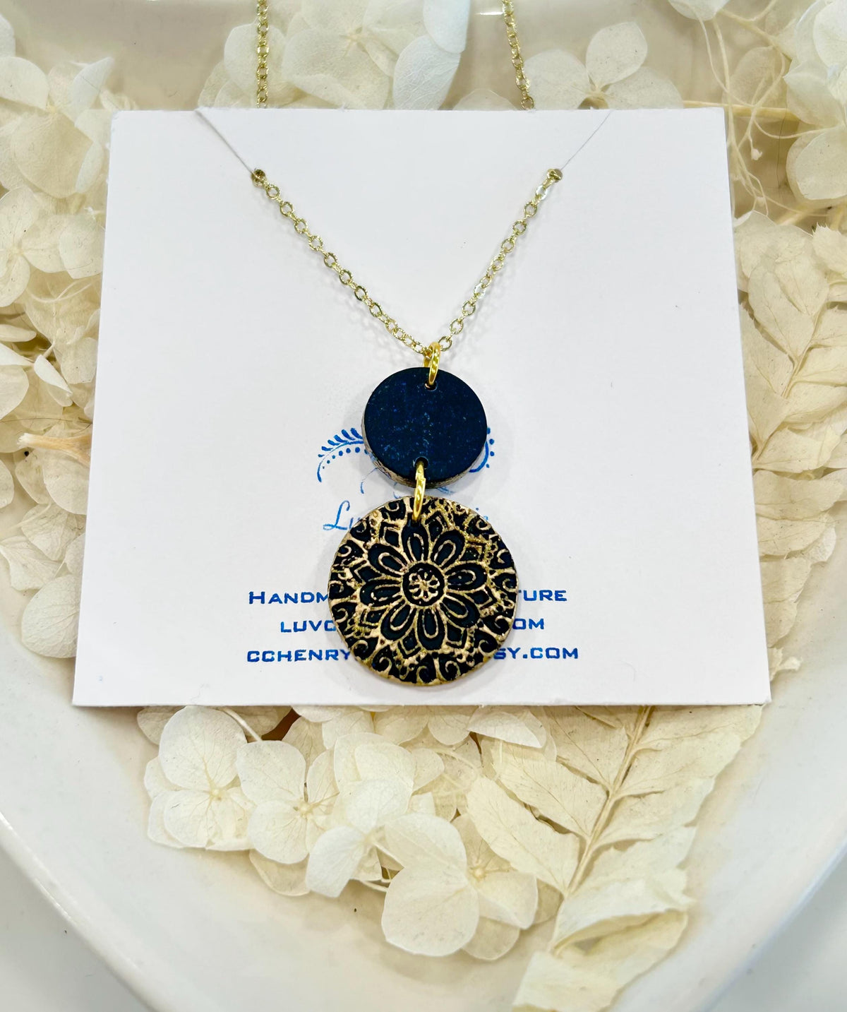 Dark Navy Blue Clay Necklace, Gold Mandala Embossed Pendant, Handmade Fashion Boho Jewelry