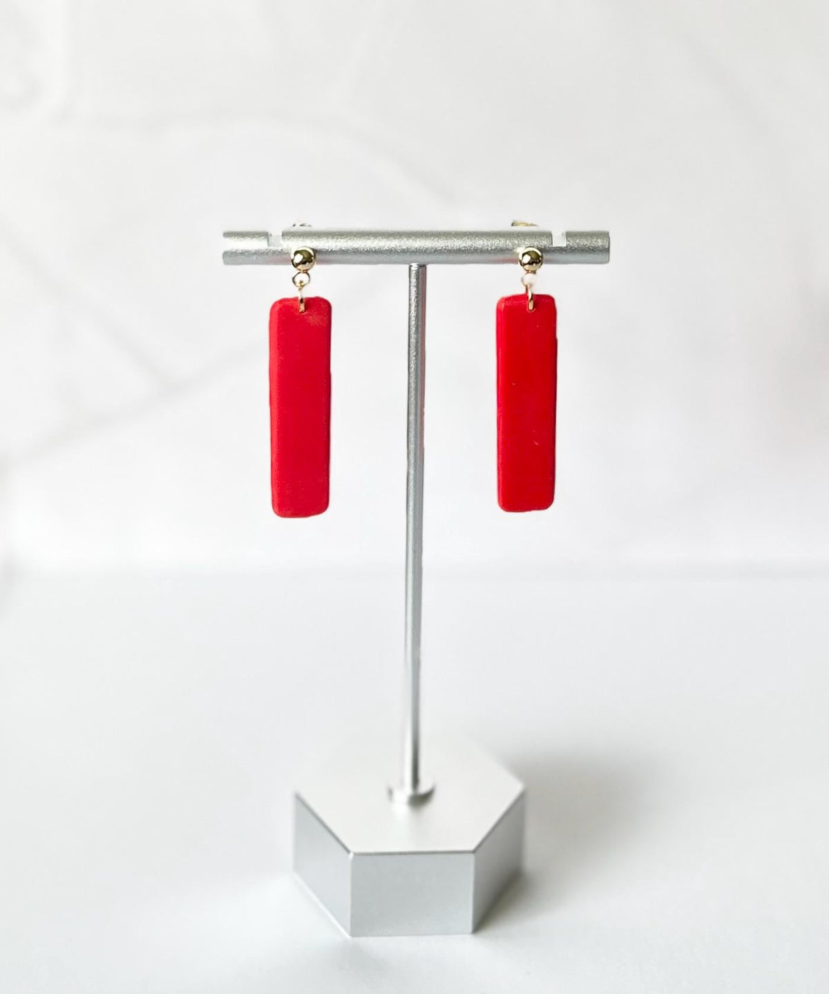 Matte Red Rectangle Earrings, Bright Retro Clay Dangles, Handmade Minimalist Jewelry Gift