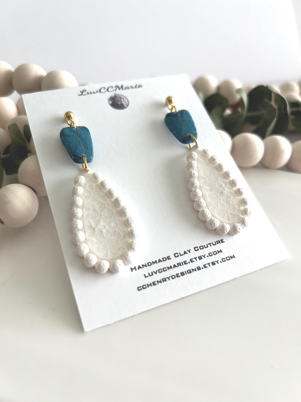 Teal and White Teardrop Earrings, Pearl Floral Clay Dangles, Handmade Bridal Coastal Jewelry