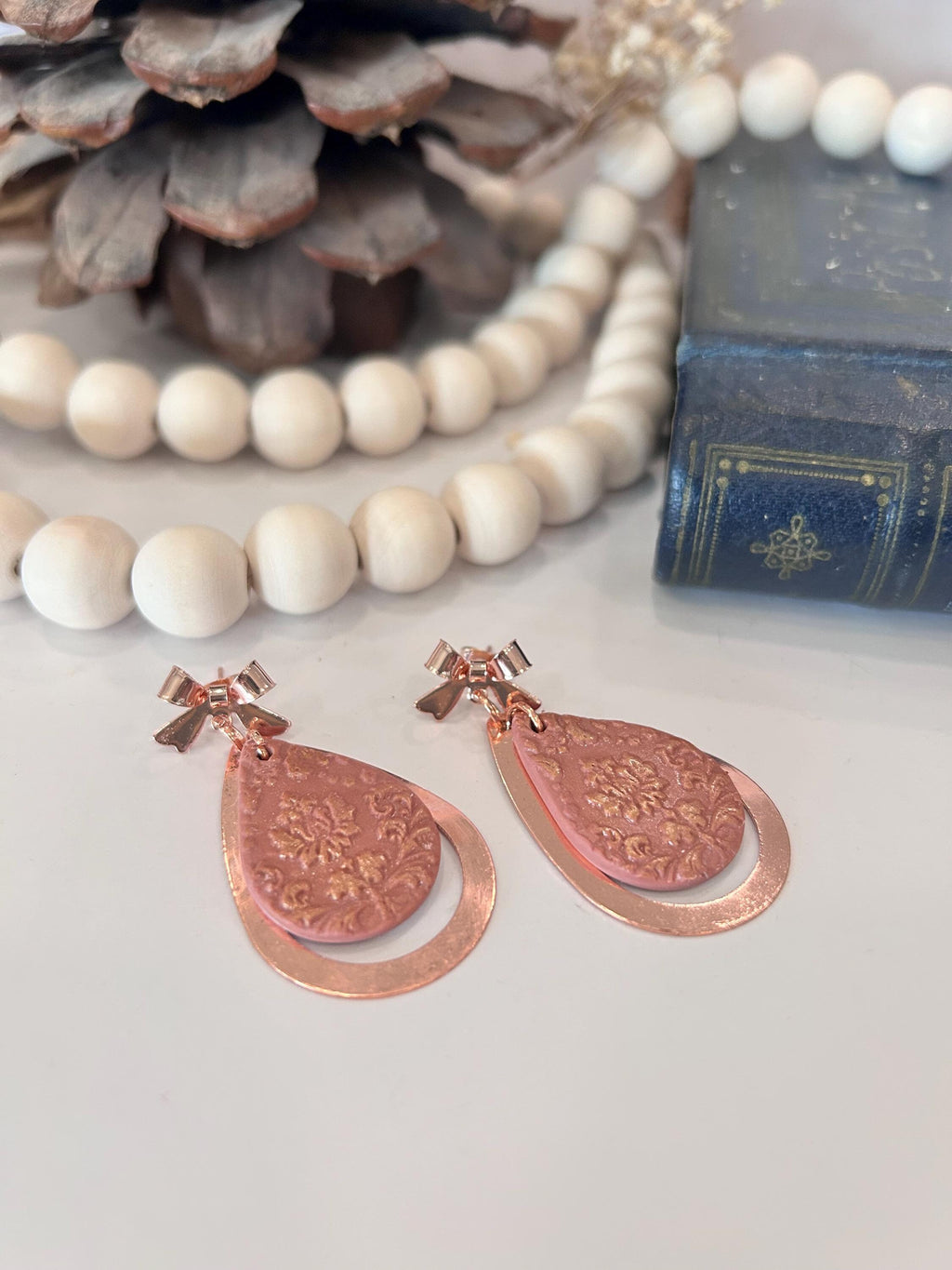 Copper and Clay Dangle Earrings, Mauve Pink Teardrop Dangles, Lightweight Boho Handmade Jewelry