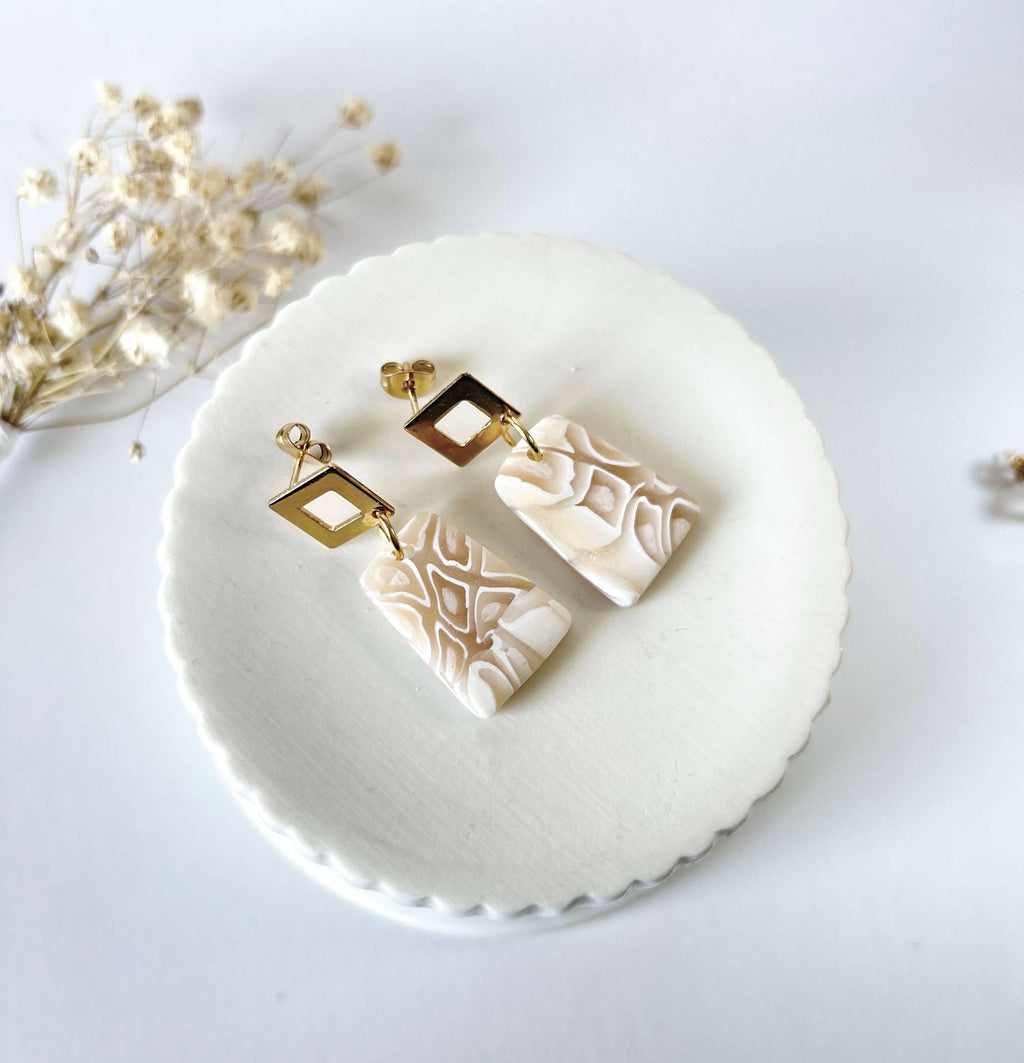 Beige and White Drop Earrings, Neutral Clay Dangles, Abstract Tortoiseshell Handmade Jewelry