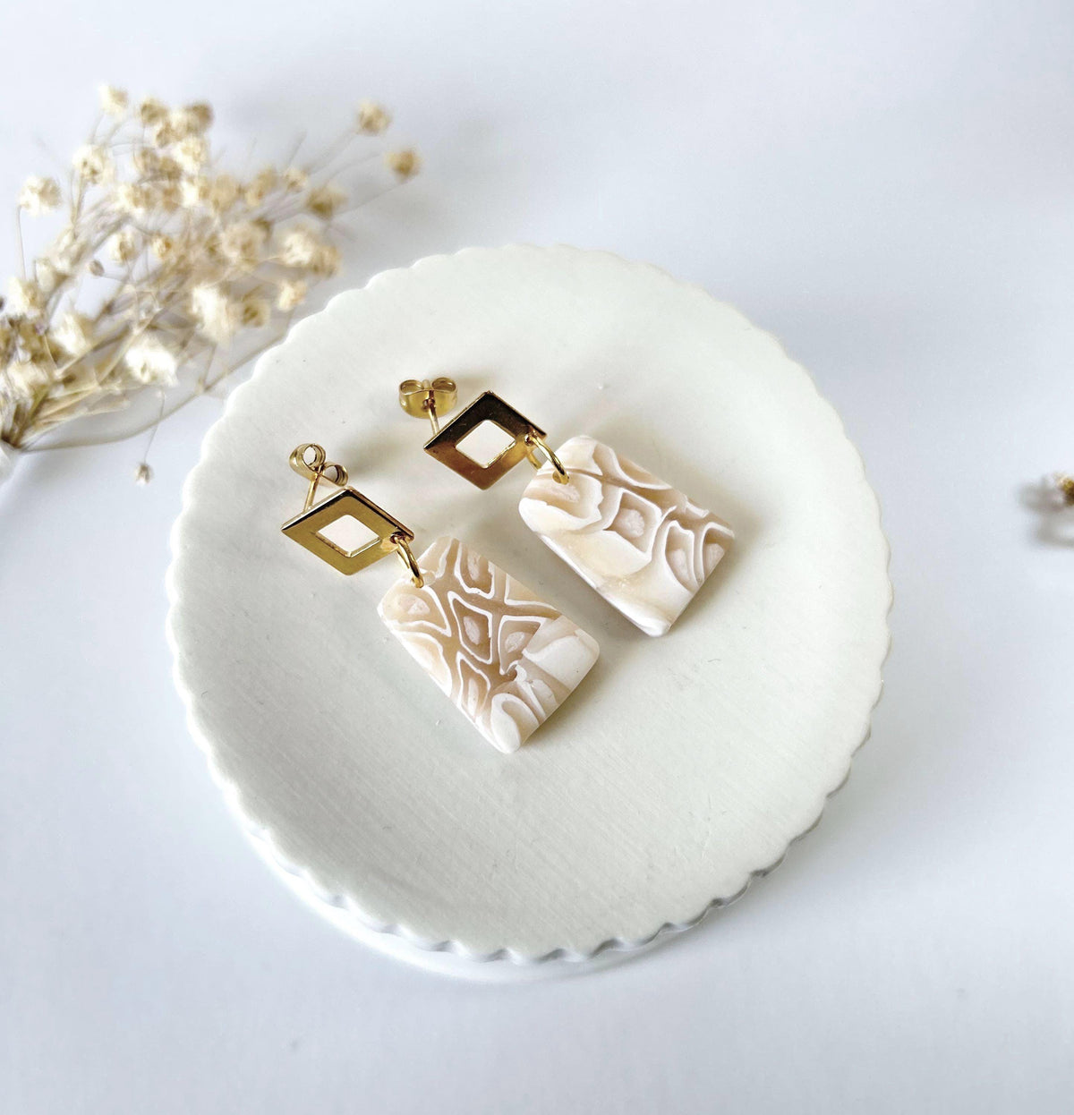 Beige and White Drop Earrings, Neutral Clay Dangles, Abstract Tortoiseshell Handmade Jewelry