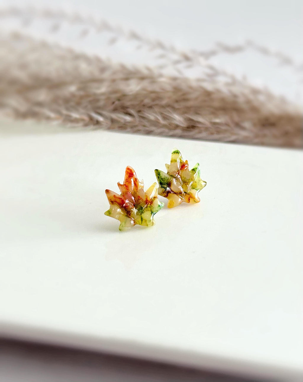 Fall Maple Leaf Stud Earrings, Multicolor Autumn Clay Studs, Handmade Boho Gift