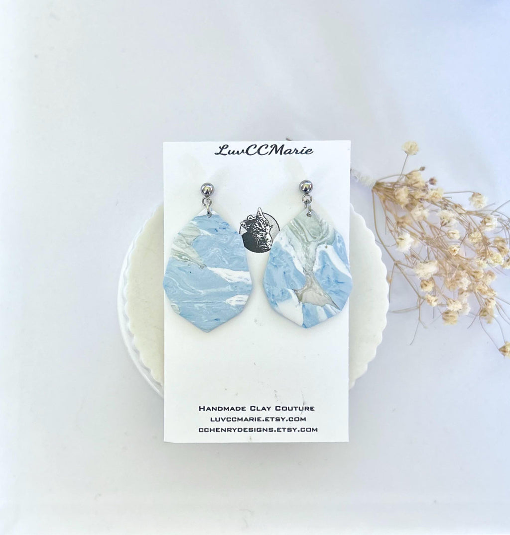 Pale Blue Marbled Earrings, Clay Octagon Dangles, Handmade Fashion Lightweight Jewelry Vacation Gift