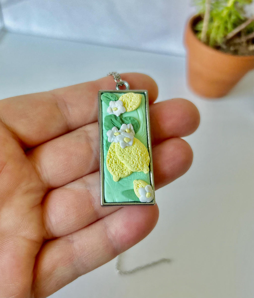 Mint Green Lemon Necklace, Fruit Clay Silver Pendant, Boho Jewelry
