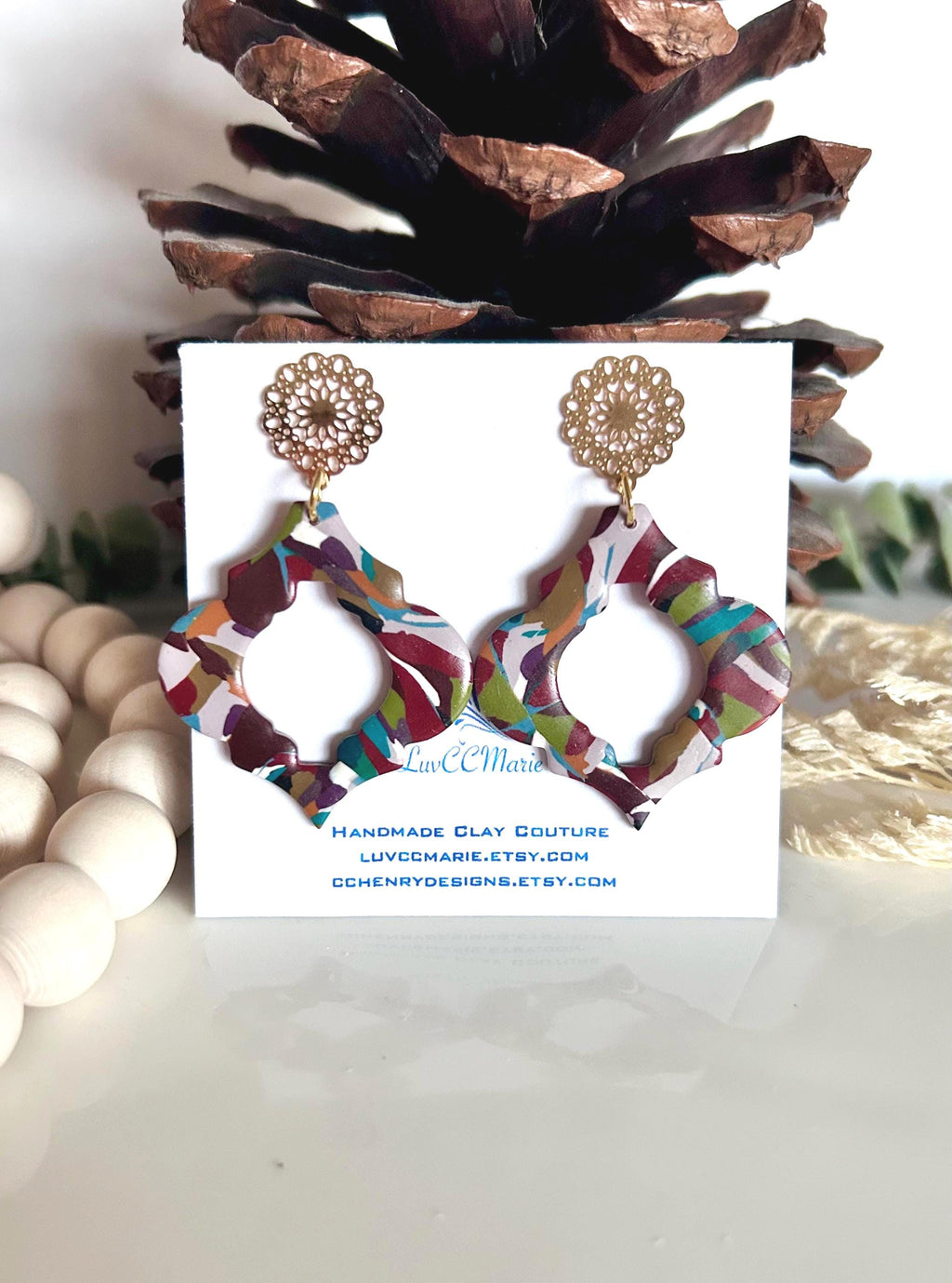 Handmade Moroccan Clay Earrings, Boho Chic Lightweight Dangles, Retro Large Multicolor Statement Jewelry