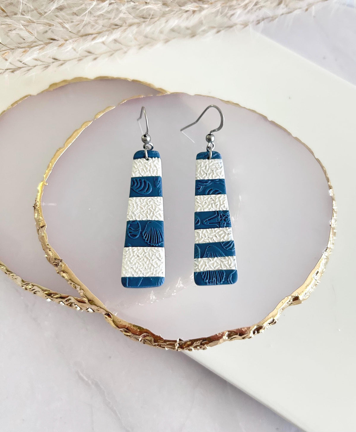 Asymmetrical Creamy White and Teal Blue Silver Long Dangle Earrings, Handmade Clay Coastal Jewelry
