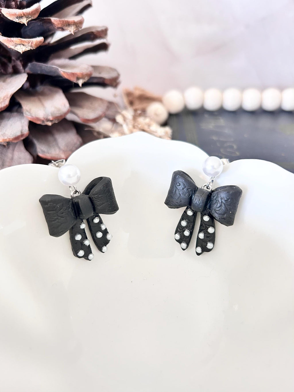 Black Clay Bow Knot Dangle Earrings, White Pearl Studded Dangles, Polka Dot Handmade Jewelry