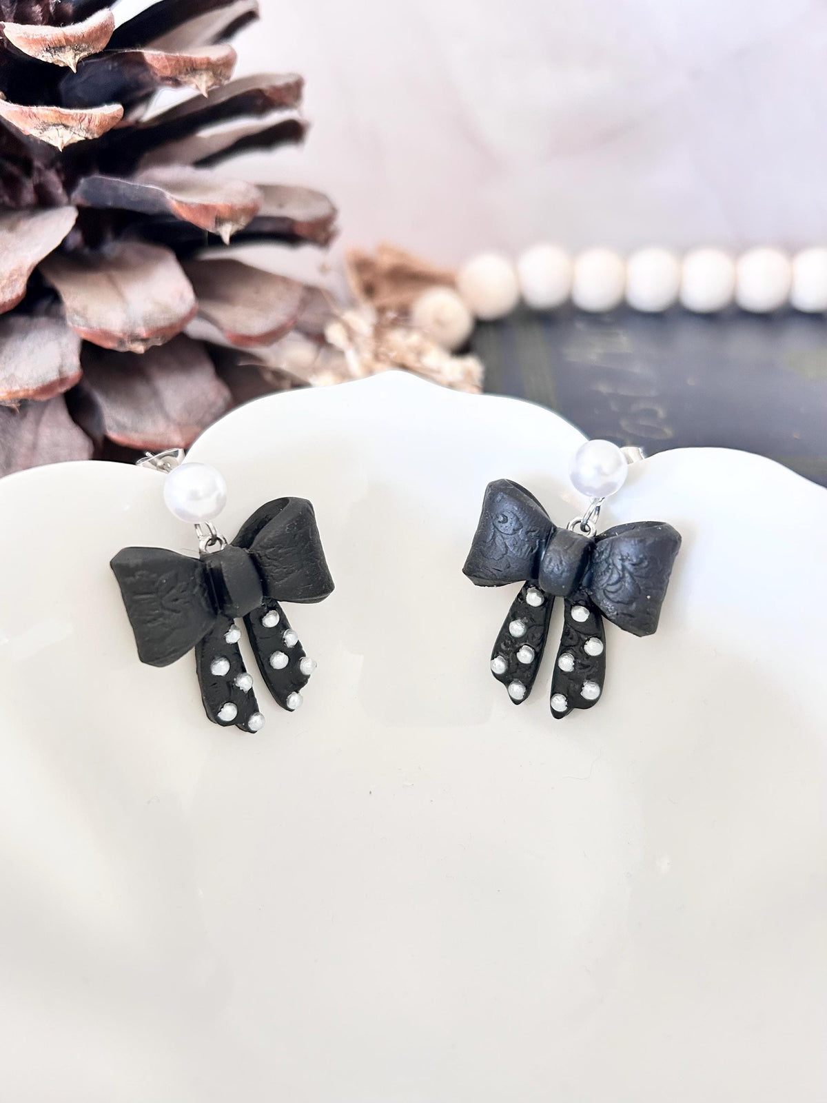 Black Clay Bow Knot Dangle Earrings, White Pearl Studded Dangles, Polka Dot Handmade Jewelry