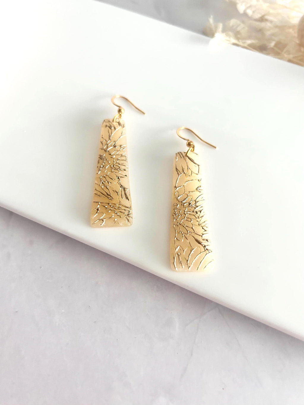 Sunflower Earrings, Bar Dangles, Gold and Cream, Handmade Lightweight Hypoallergenic Jewelry