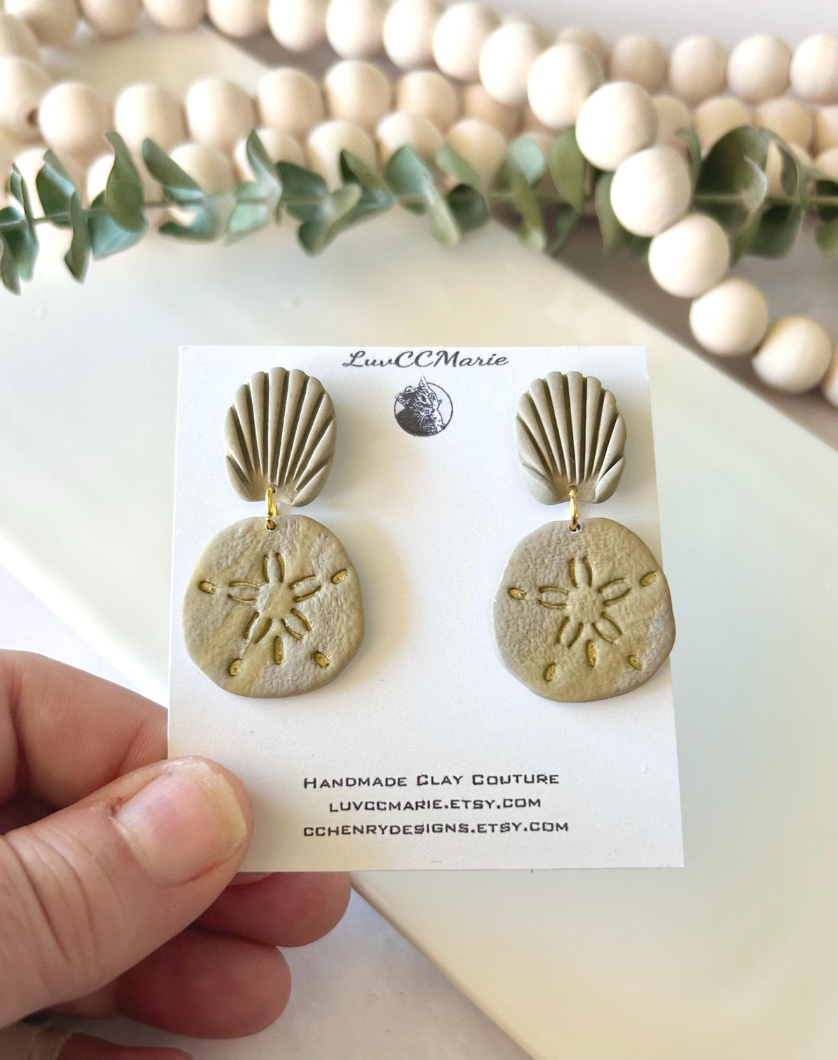 Khaki Gold Sand Dollar Clay Earrings, Coastal Beach Vacation Dangles, Unique Handmade Gift