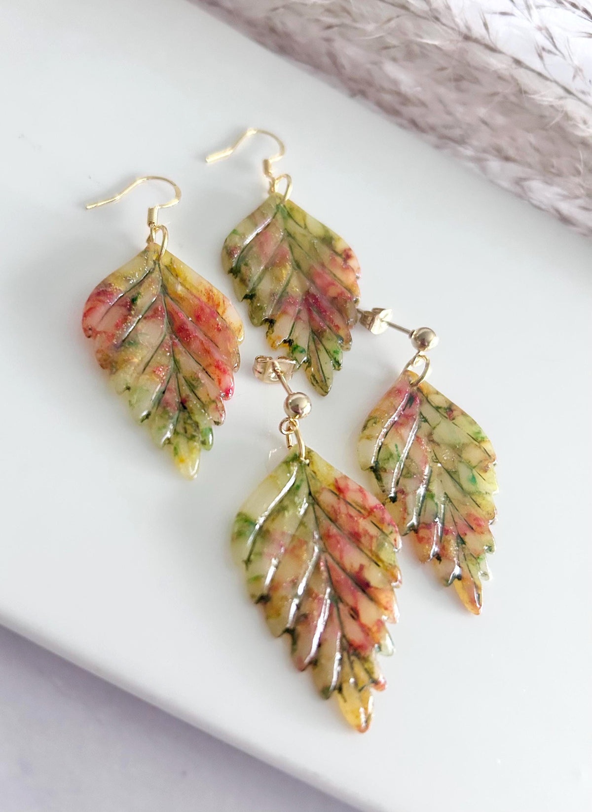 Multicolor Fall Leaf Earrings, 24k Gold Colorful Clay Dangles, Hypoallergenic Lightweight Boho Jewelry
