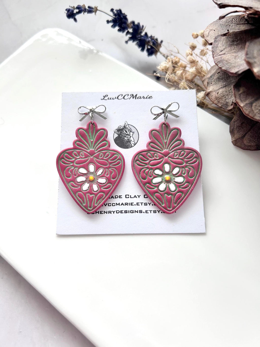 Mexican Strawberry Earrings, Hand Painted Daisy Flower Fuchsia Pink Heart Dangles, Handmade Jewelry Gift