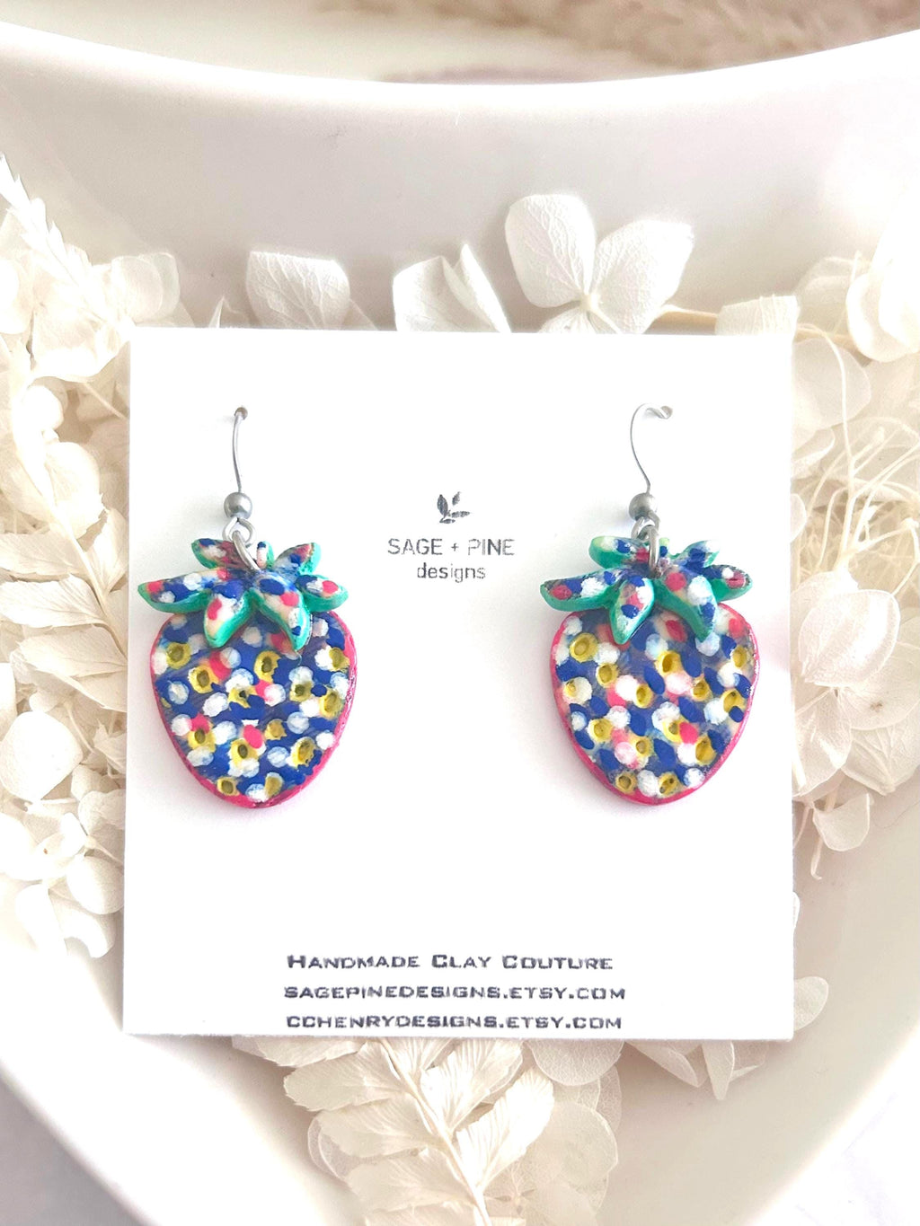 Strawberry Earrings, Clay Dangles, Red White Blue