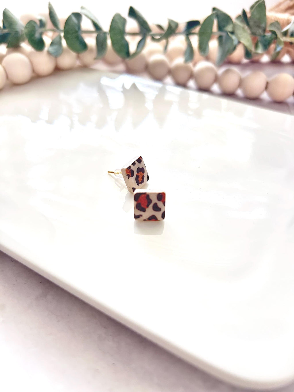 Leopard Print Clay Earrings, Animal Pattern Studs, Handmade Boho Fall Jewelry