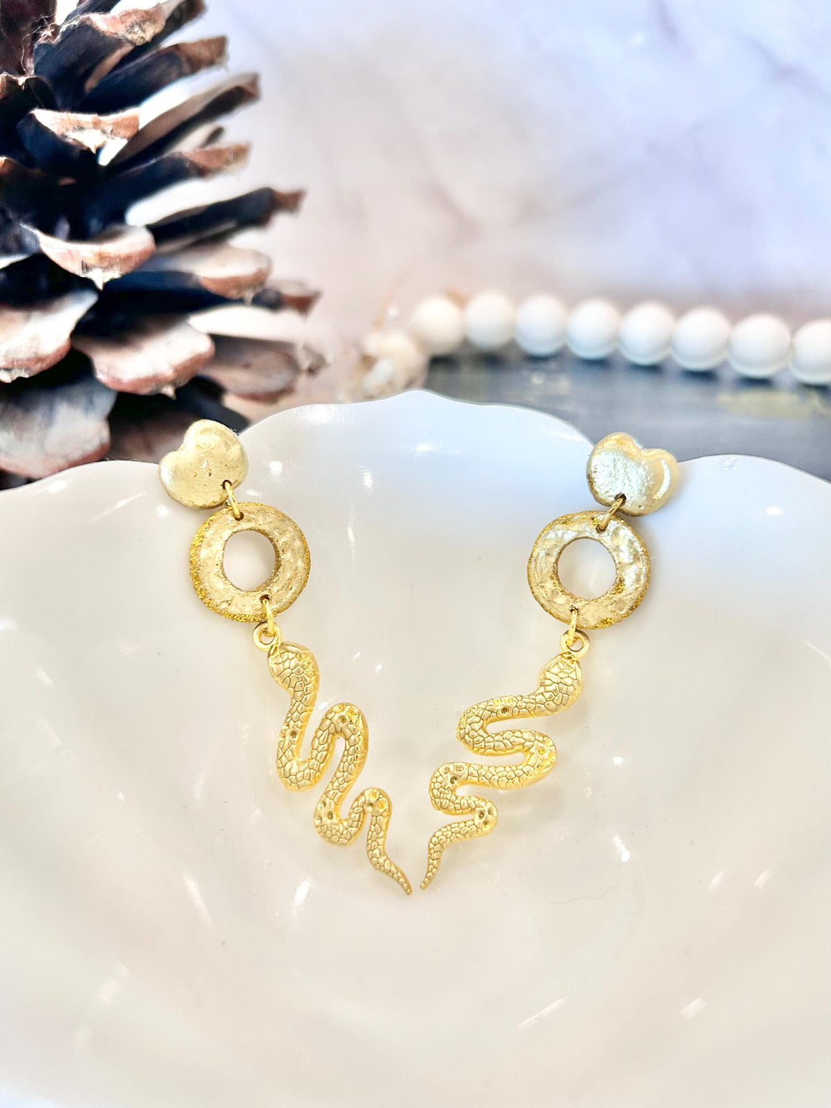 Handmade Clay Long Snake Dangle Earrings, Apple Studs, Statement Jewelry