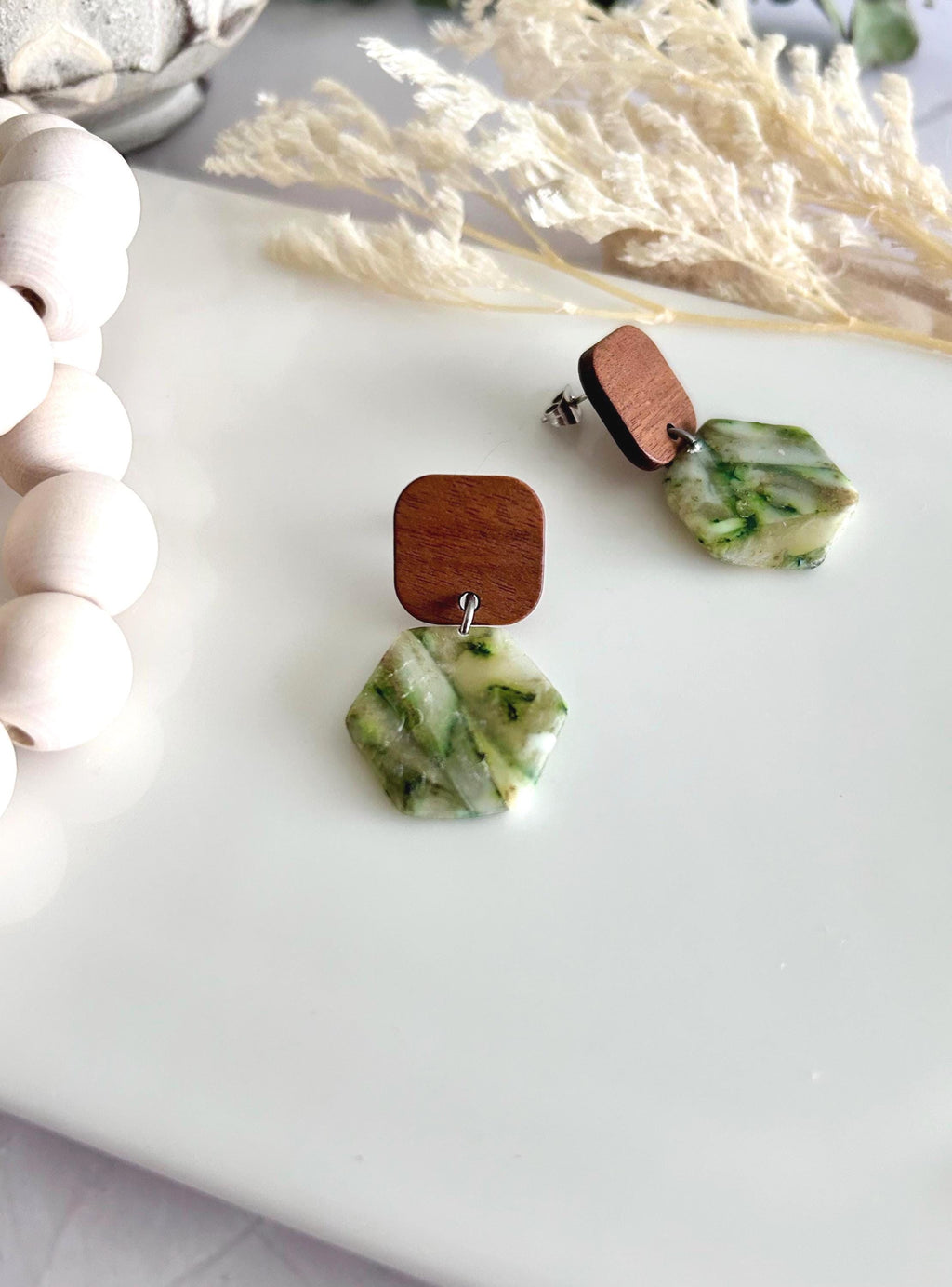 Moss Green Drop Earrings, Olive Army Clay and Wood Lightweight Dangles, Handmade Jewelry Gift