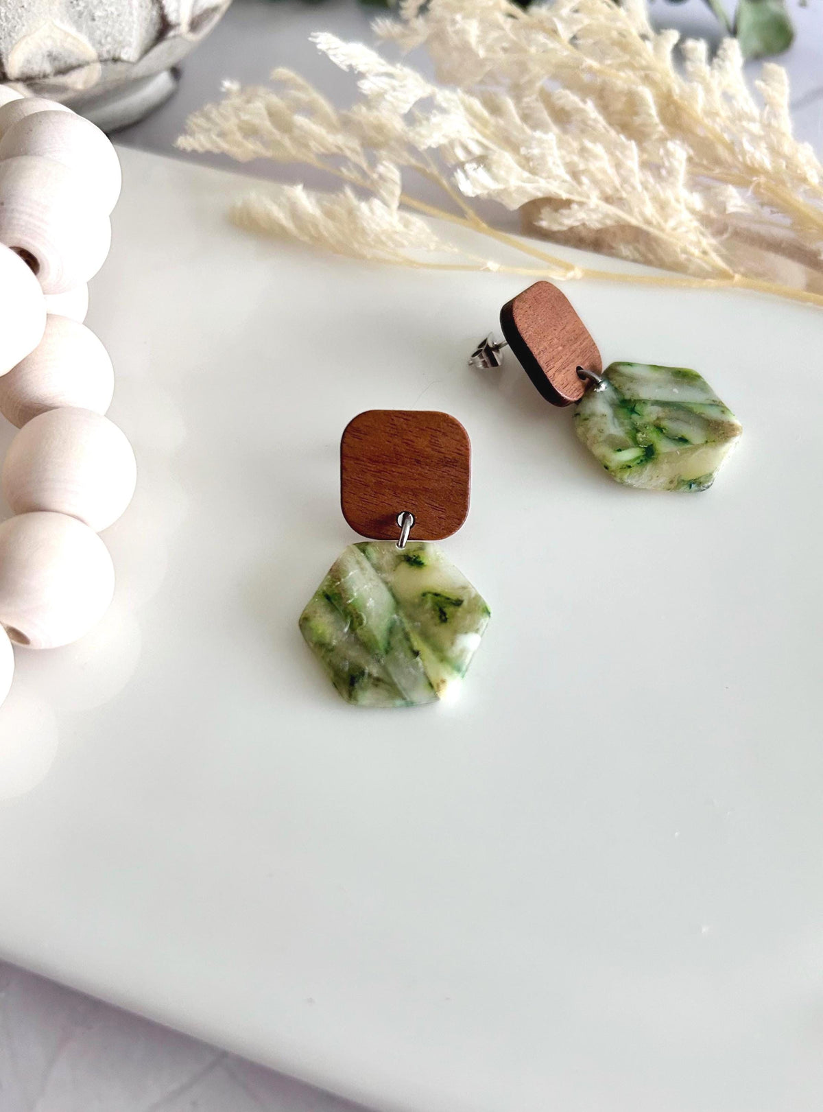 Moss Green Drop Earrings, Olive Army Clay and Wood Lightweight Dangles, Handmade Jewelry Gift