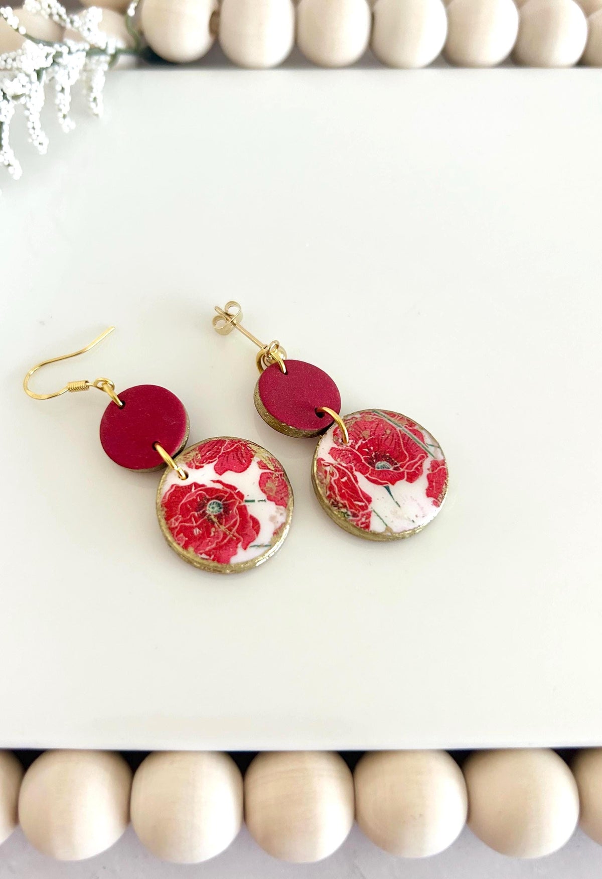 Dark Poppy Red Clay Earrings, Gold Floral Circle Dangles, Handmade Flower Boho Jewelry